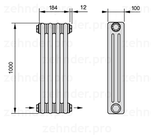 Схема (чертеж) Радиатор Zehnder Charleston 3100/4 №2670 Белый глянцевый RAL 9016